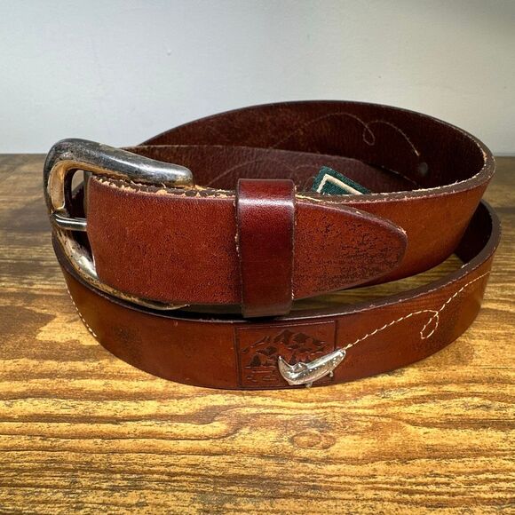 Cole Haan Belt Mens 36 Brown Fish Trout Genuine Leather Brass Buckle USA - Picture 1 of 12